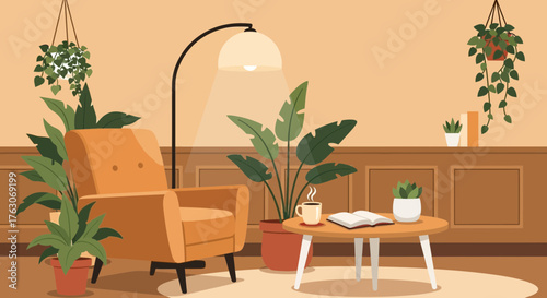 Cozy reading corner with a comfortable orange armchair and indoor plants.