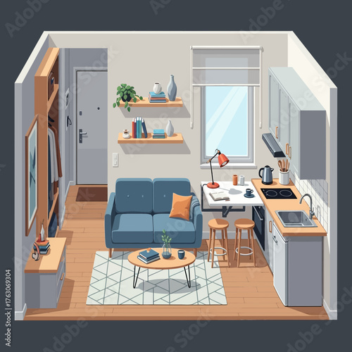 Cutaway vector illustration of a modern tiny apartment interior.