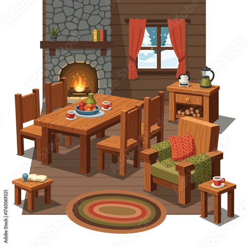 Cozy wooden cabin interior with fireplace and dining area.