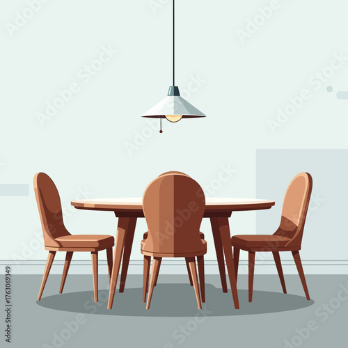 Dining room scene with table chairs and overhead light fixture.