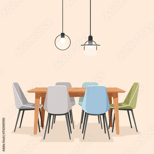 Dining room table with chairs and hanging lights.