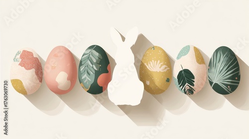 Pastel Easter Egg Collection with White Bunny Silhouette, Overhead Flat Lay.