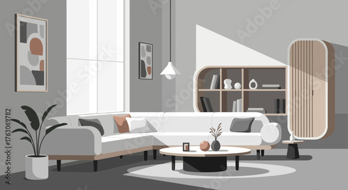 Elegant Living Room Interior with Modern Furniture and Natural Light.