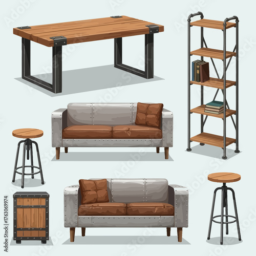 Industrial furniture set with wooden and metal elements for interior design.