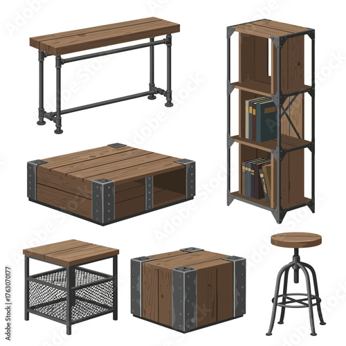 Industrial Style Wooden Furniture Collection With Metal Accents.