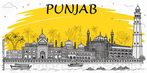 Punjab Skyline Sketch with Heritage Landmarks like Golden Temple, Qila Mubarak, and Patiala Fort – Tourism Art for Print, Wall Decor, and Souvenirs