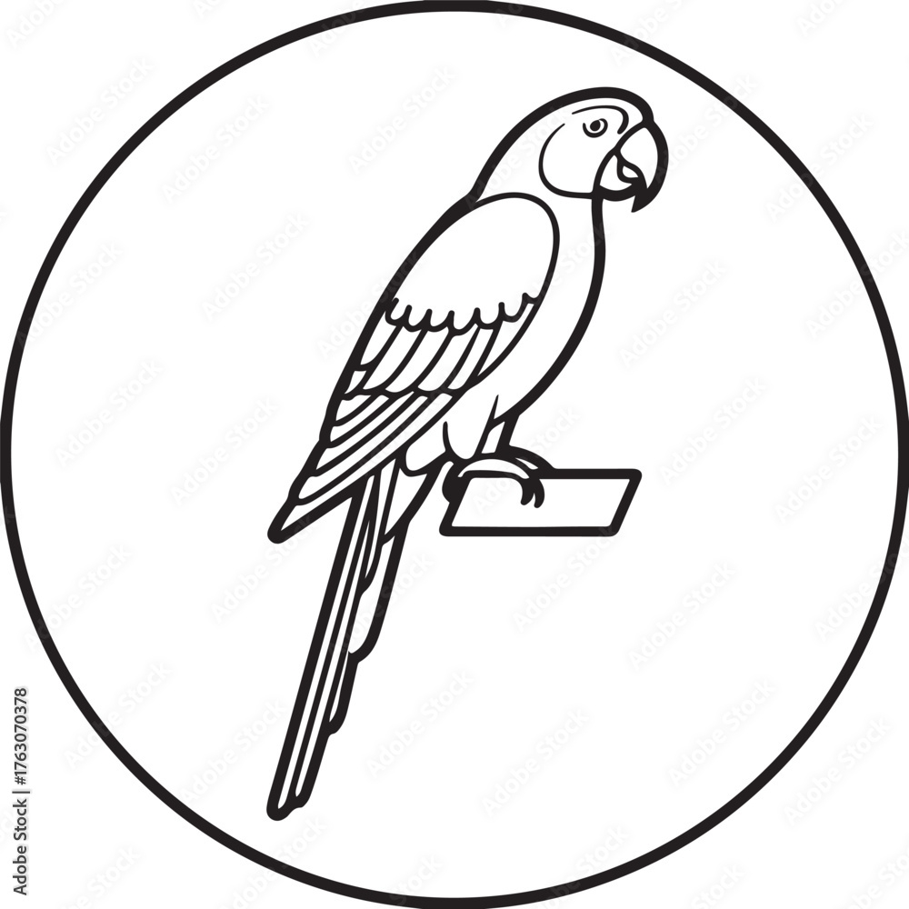 Fototapeta premium Line art emblem featuring a majestic parrot perched gracefully inside a circular frame isolated on a isolated on transparent background