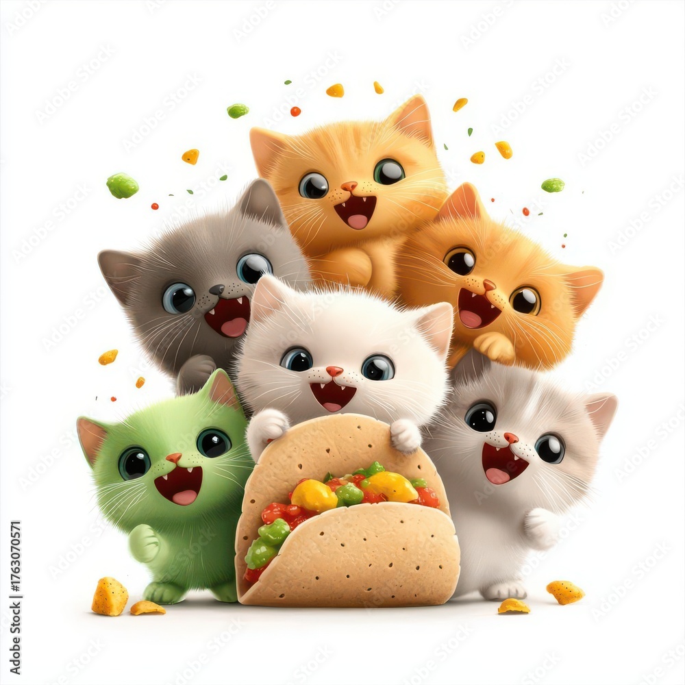 Fototapeta premium Cute kittens enjoying a taco with playful expressions on a white isolated background.