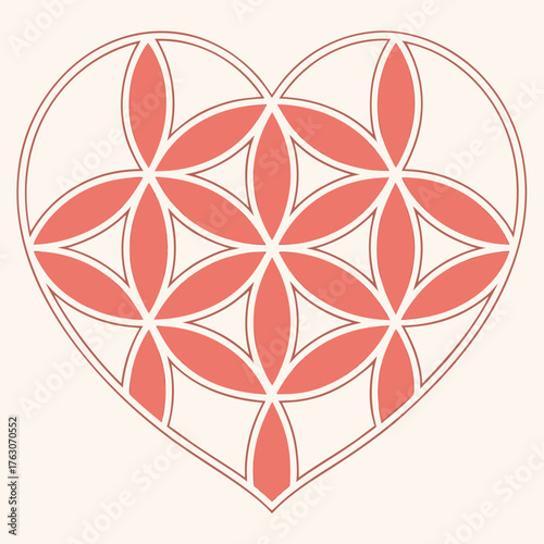 Sacred Geometry Floral Pattern Inside a Heart Shape in Coral and Cream