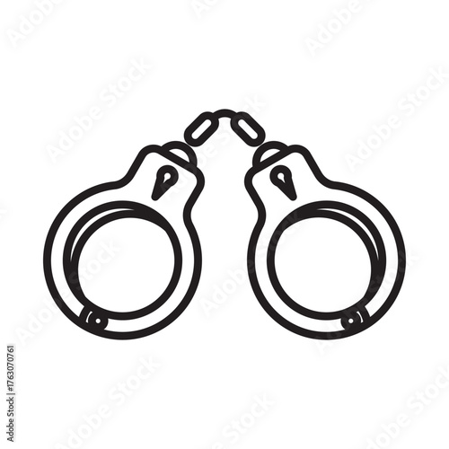 Handcuffs icon, black and white outline illustration, symbol of crime and justice, police equipment tool, isolated on white background, vector graphic element.