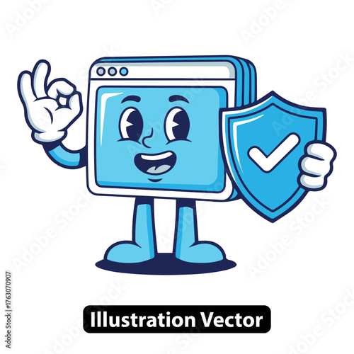 A secure web browsing concept with a friendly cartoon browser character holding a shield of protection
