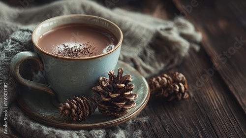 Steaming Hot Chocolate in Teal Mug with Pine Cones on Rustic Wooden Table and Cozy Knit.