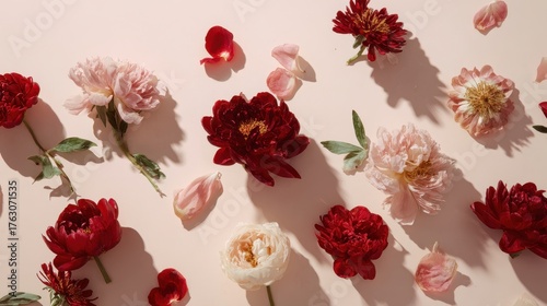 Sunlit Floral Chaos - Scattered Red and Pink Blooms with Dramatic Shadows.