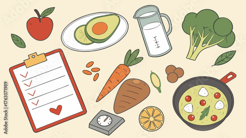 Healthy eating lifestyle vector illustration with fresh ingredients and meal planning tools