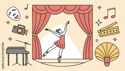 Ballet dancer on stage illuminated by spotlight surrounded by theatrical and musical elements vector illustration