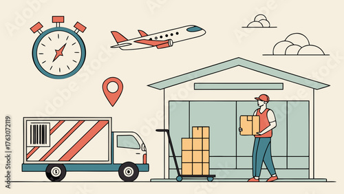 Delivery man loading boxes onto truck at warehouse with airplane and stopwatch illustration