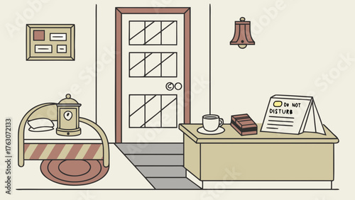 Hotel reception lobby entrance with desk door bed pillow room key bell vector illustration