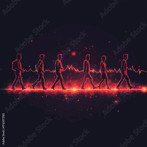 A stylized depiction of human figures walking alongside a glowing heartbeat line, symbolizing vitality and health.   , vector style simple color