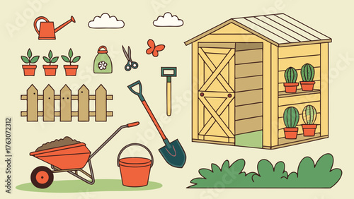 Gardening tools shed plants fence watering can wheelbarrow seed illustration vector