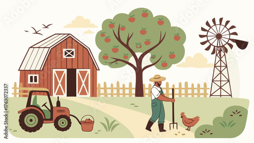 Charming vector farm scene illustration with tractor barn windmill and farmer