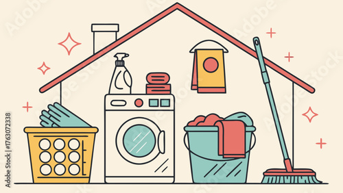 Home cleaning supplies vector illustration laundry room equipment and tools for a clean house