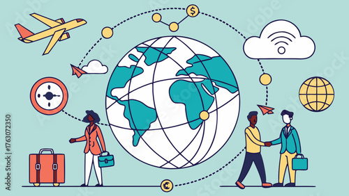 Global travel and business connection vector illustration with world map airplane passport and handshake
