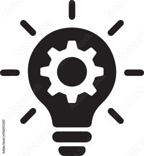 Conceptual symbol of innovation and problem solving featuring a light bulb with internal gear mechanism radiating bright ideas and solutions isolated on transparent background