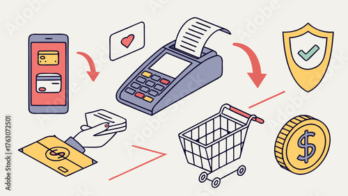 Modern digital payment transaction flow credit card terminal mobile app cash invoice and security shield vector illustration