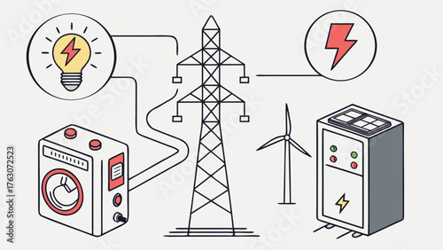 Electricity generation transmission distribution consumption vector illustration icon set
