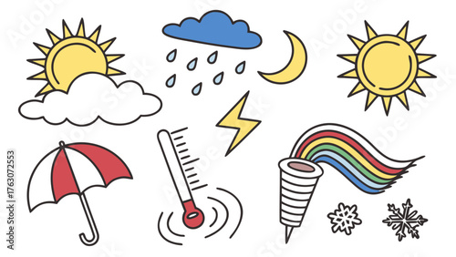 Hand drawn weather icons bundle with sun clouds rain storm snowflake wind thermometer umbrella rainbow