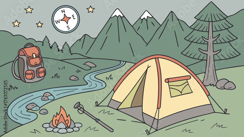 Vibrant camping scene vector illustration with tent mountains campfire and backpack icon