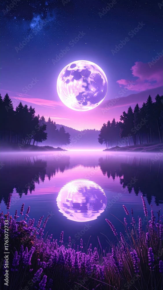 Naklejka premium Mystical Purple Full Moon Over a Serene Lavender Lake