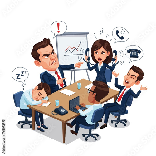 Workplace Chaos: This illustration captures a stressful business meeting scene, where multiple issues unfold simultaneously. An angry leader is pointing, employees are overwhelmed by calls and tasks.