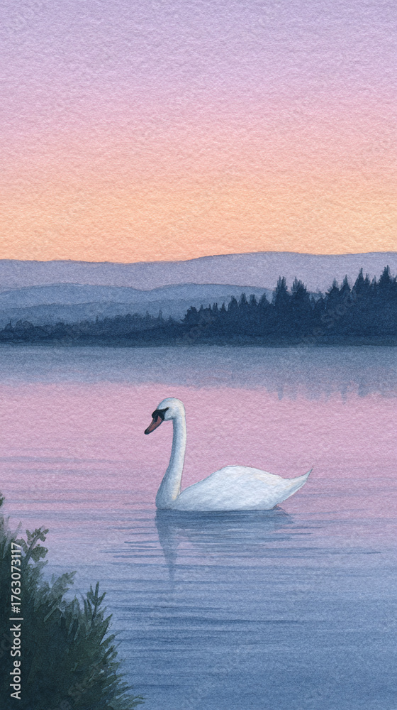 Fototapeta premium A Captivating Watercolor Landscape of a Graceful Swan Gliding Across a Serene Lake During a Colorful Sunset, Perfect for Nature Lovers and Art Enthusiasts