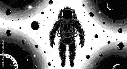 Astronaut in outer space monochromatic vector illustration. Multilayer EPS version.