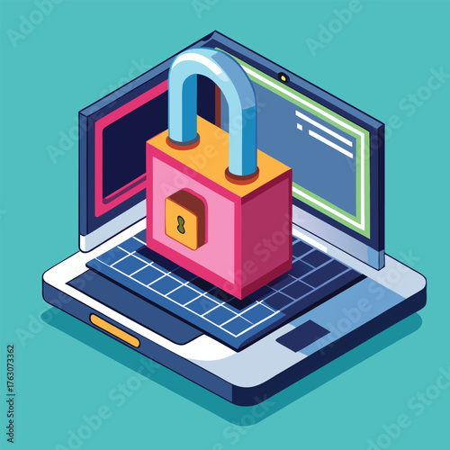 3d cyber lock hovering over a metallic laptop surf.eps