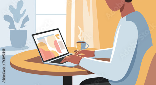 Person working on laptop at home Remote work concept, home office, online job, work from home