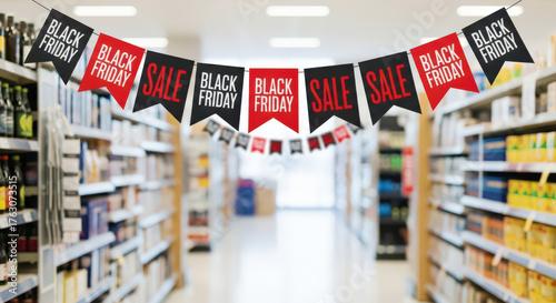 Black Friday sale banner hanging between shelves in grocery store  
