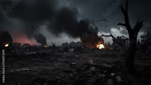 War-Torn Cityscape: Smoke, Fire, and Destruction in Ruins