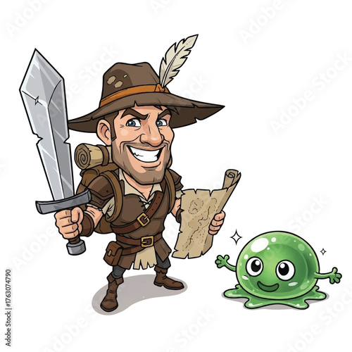 Adventurer and His Companion: A bold adventurer, sword in hand, stands ready alongside his loyal, cheerful companion, embarking on a quest filled with excitement and discovery. 