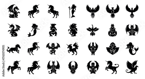 Set of mythical creature icons black silhouette vector glyphs isolated transparent background for fantasy game design and app inte