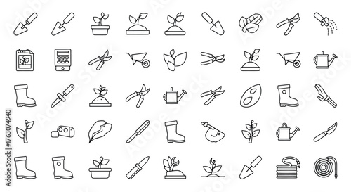 Gardening tools and equipment icon set simple line art vector illustration for garden care transparent background