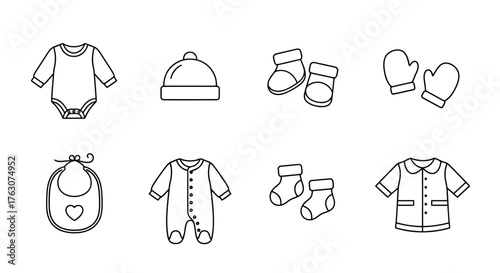 Baby clothes line art set minimalist vector icons for newborn apparel design transparent background