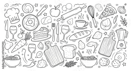 Hand-drawn food and cooking doodles kitchenware elements in sketch style vector illustration for culinary design and decoration tr