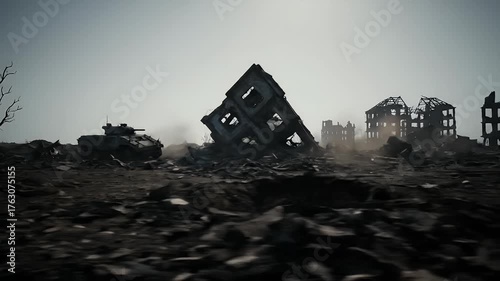 War-Torn Landscape: Ruins and Tank in a Devastated Cityscape