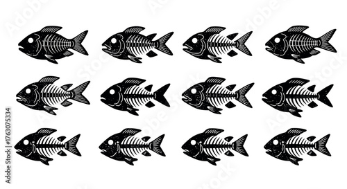 Collection of fish bone icons simple flat vector design transparent background for web and print