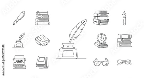 Set of writing and reading icons outline vector illustration of books pen and typewriter transparent background