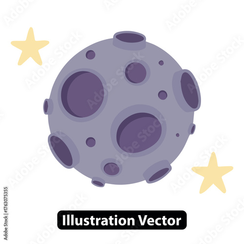 A simple and adorable cartoon illustration of the moon with craters floating in space with stars