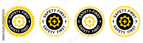 Safety First Badge Labels Set Yellow Black Industrial Sign Design