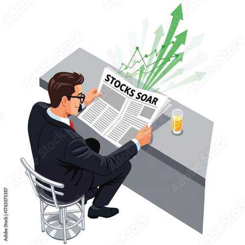 Stock Soar Reading: An investor, captivated by the positive trajectory of stocks, is engrossed in the latest financial news, a glass of refreshment nearby.